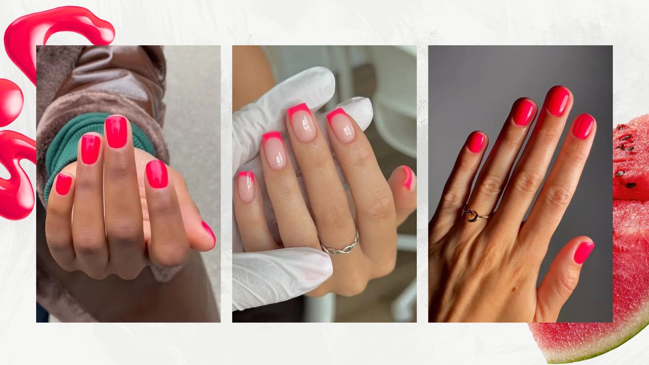A collage of bright pink, watermelon-like nails: on the left is a close-up of someone's hand with squoval watermelon nails by nail artist Julia Diogo (@paintedbyjools), followed by a picture of someone's hand with bright pink, watermelon French tip nails by Fliss Alton (@gelsbyfliss), and finally, on the right, a picture of someone's hand with short neon watermelon nails by nail artist Mateja Novakovic (@matejanova)/ in a white template with stock images of a pink nail polish spill and watermelon slices.