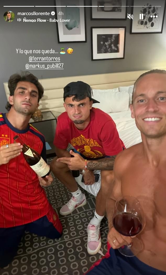 Festivities in the hotel were limited to a bottle of £1,000 red wine drunk by Marcos Llorente, goalscorer Ferran Torres and Marc Pubill