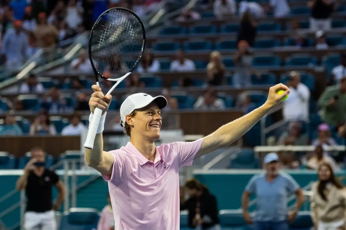 Mar 29, 2026; Miami Gardens, FL, USA; Jannik Sinner of Italy celebrates his victory over Jiri Lehecka of the Czech Republic in the final of the men’s singles at the Miami Open at the Hard Rock Stadium. Mandatory Credit: Mike Frey-Imagn Images | Source: Lastwordonsports.com - Yesh Ginsburg