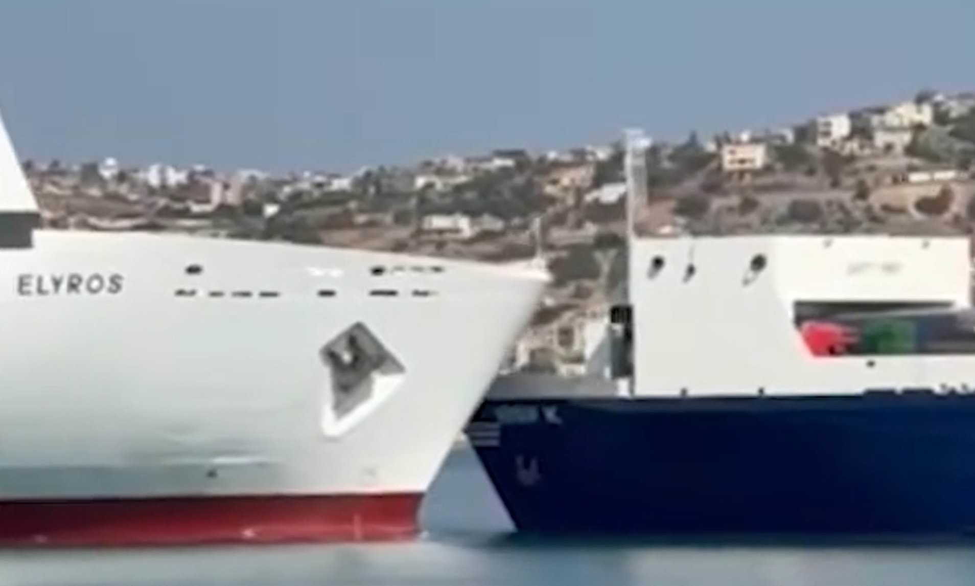 Moment 600ft ferry carrying 100 passengers crunches into a cargo ship