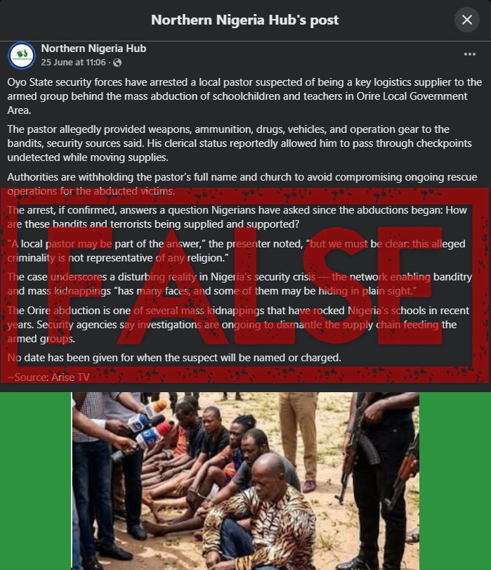 2020 arrest images recycled to falsely claim Nigerian pastor aided Oyo kidnappers