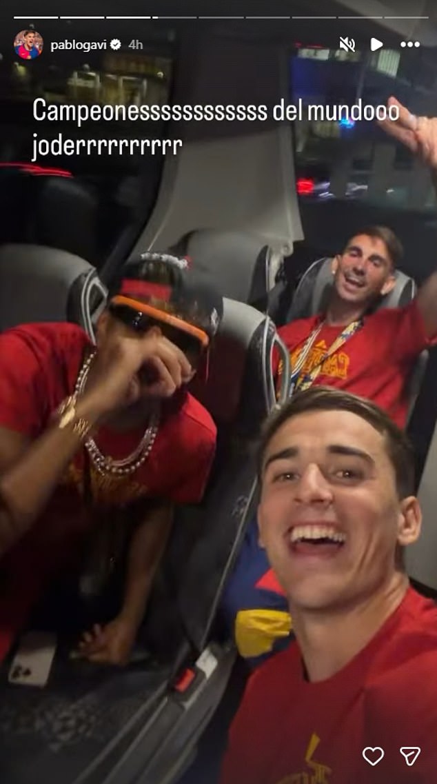 Spain were in high spirits as they celebrated winning the World Cup on their bus home to Madrid in the early hours of Monday morning