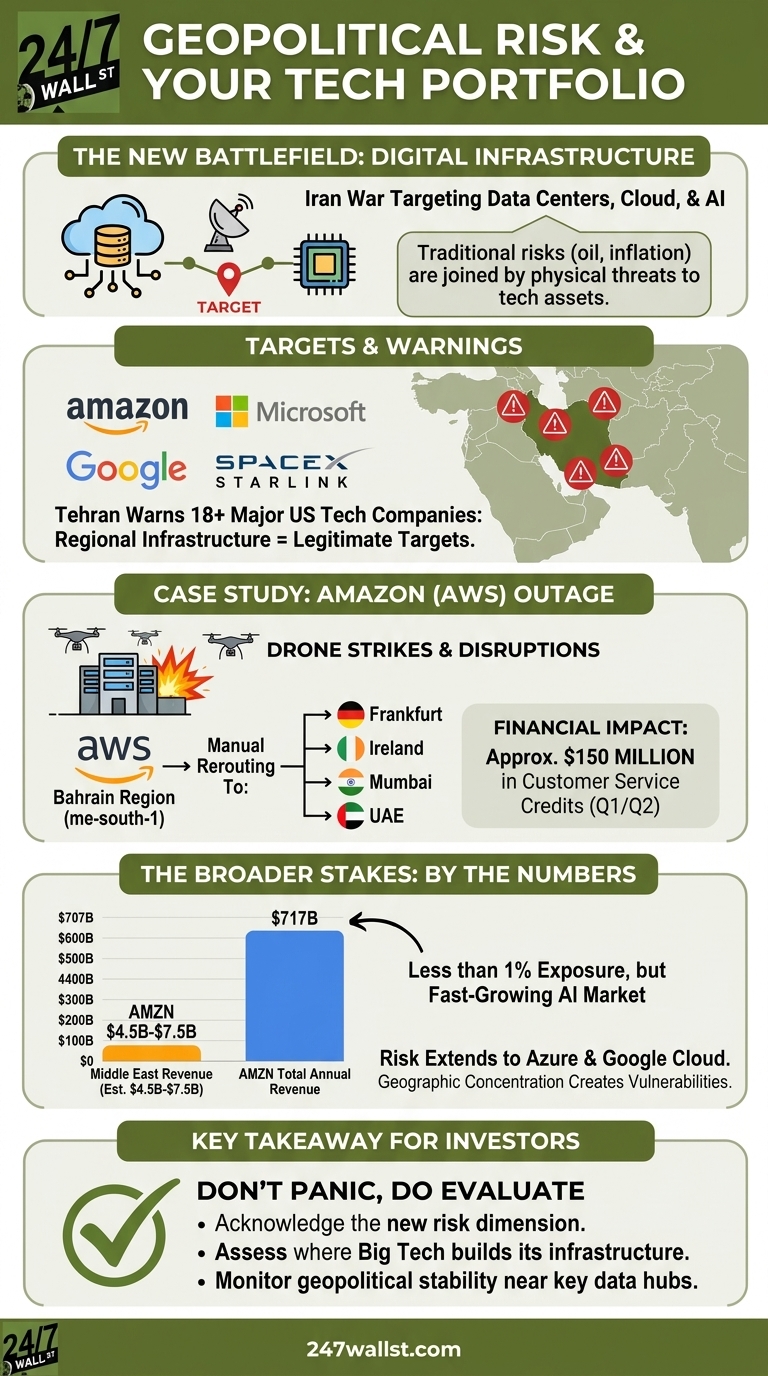 An infographic detailing the impact of geopolitical risk on technology portfolios, including a map of the Middle East with warning icons, logos of major tech companies, and a bar chart.
