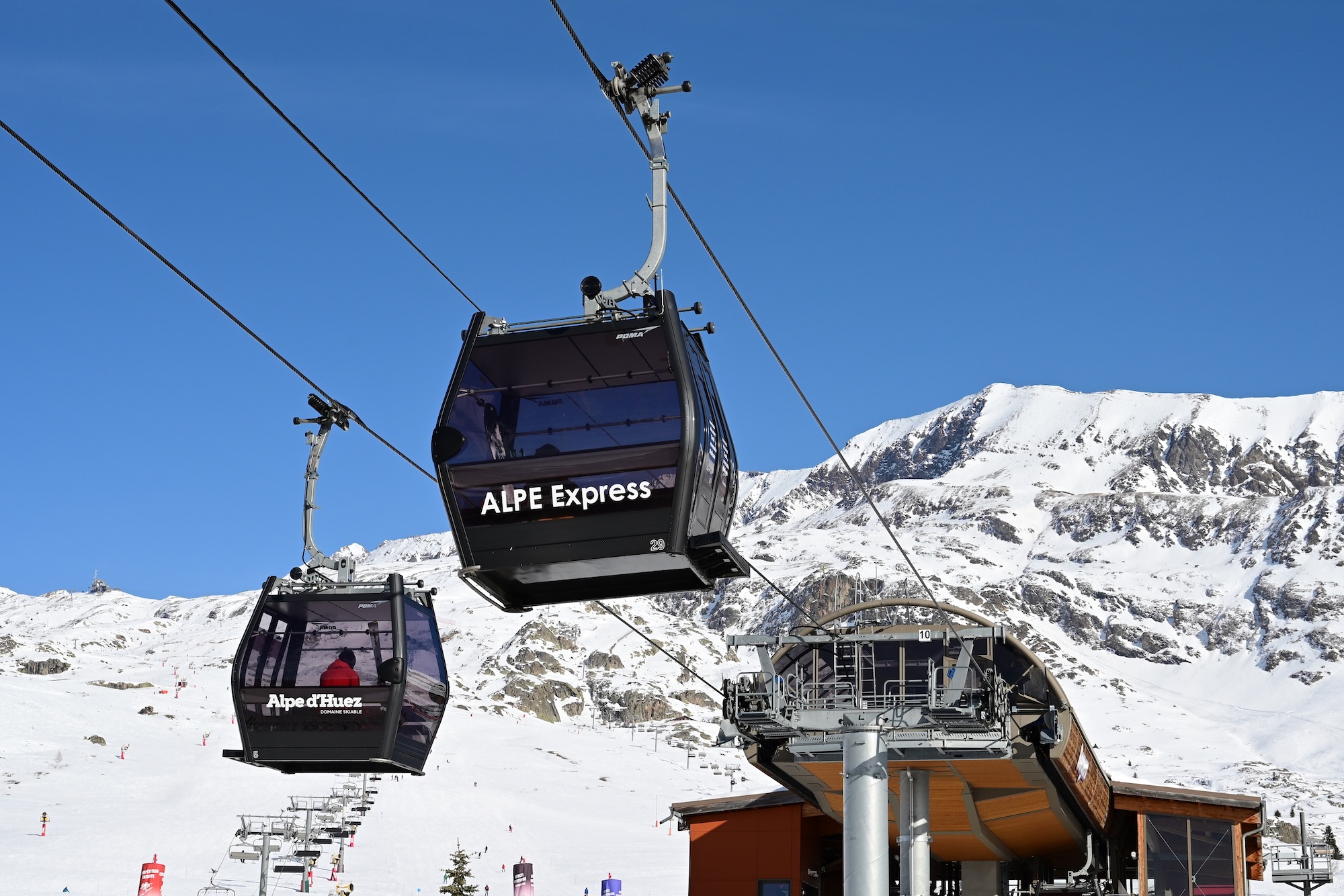 An Alpe Express ski lift seen in the Alpe d'Huez ski area.