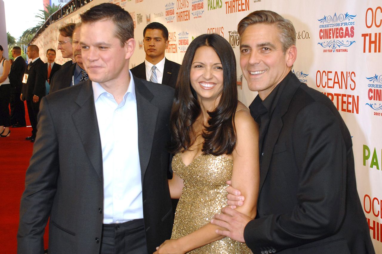 Matt Damon, Luciana Damon and George Clooney during CineVegas Film Festival Opening Night - Screening of