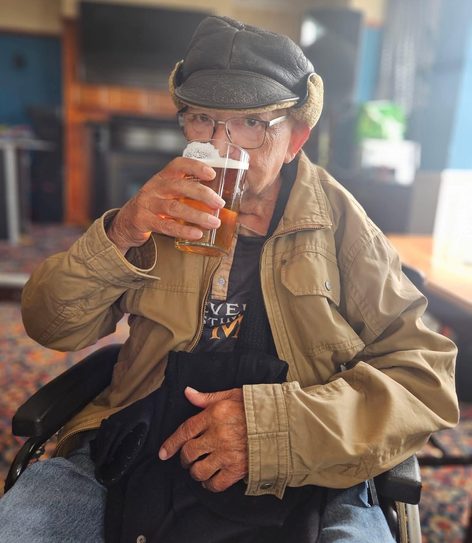 Tony Thorpe drinking a pint