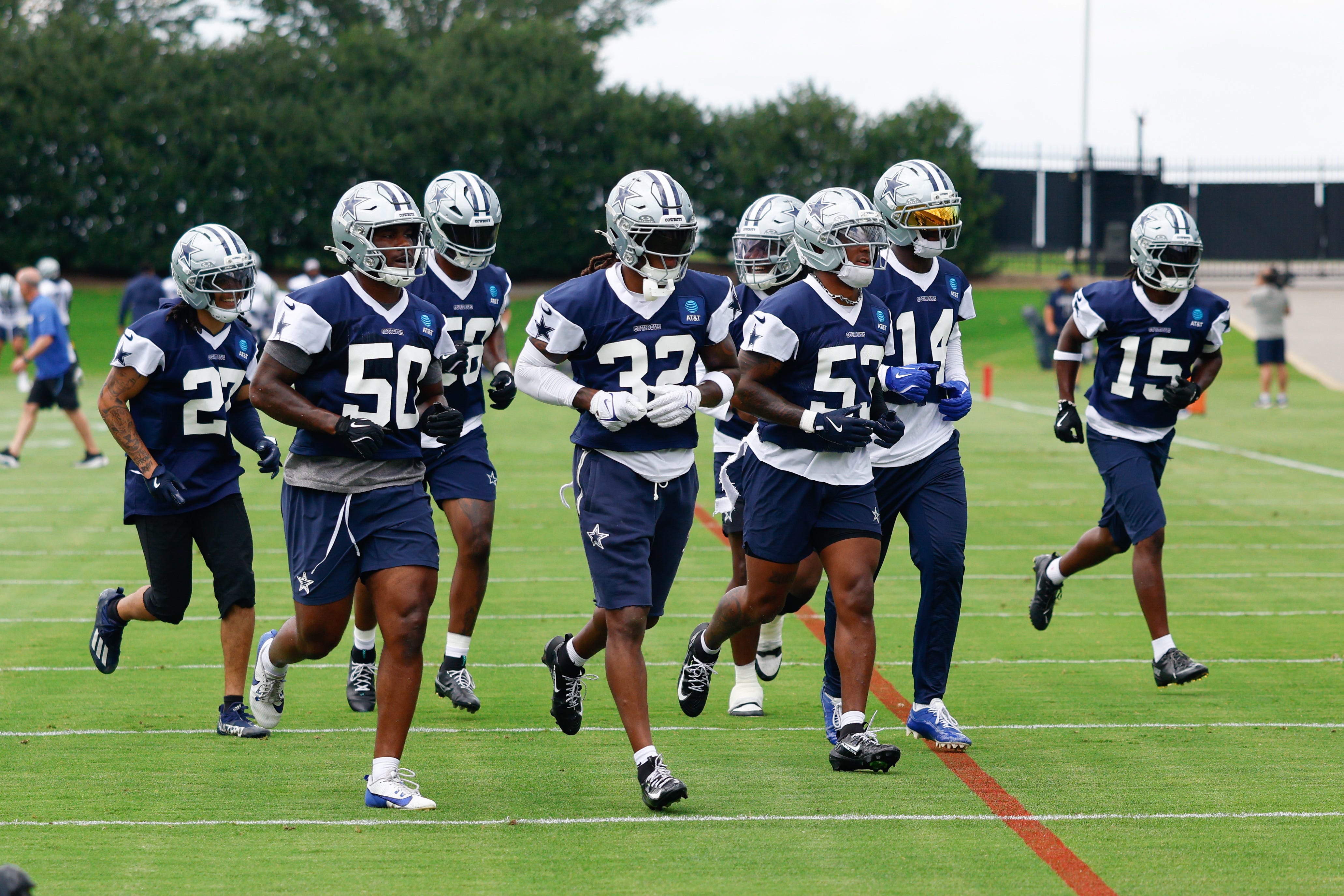 Jun 16, 2026; Dallas, TX, USA; The Dallas Cowboys go through a drill during practice at the Ford Center at the Star Training Facility in Frisco, Texas. Mandatory Credit: Chris Jones-Imagn Images