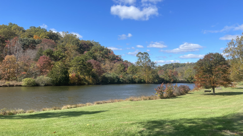 Grassy parkland meets a small lake with wooded banks at Nottingham County Park in Pennsylvania