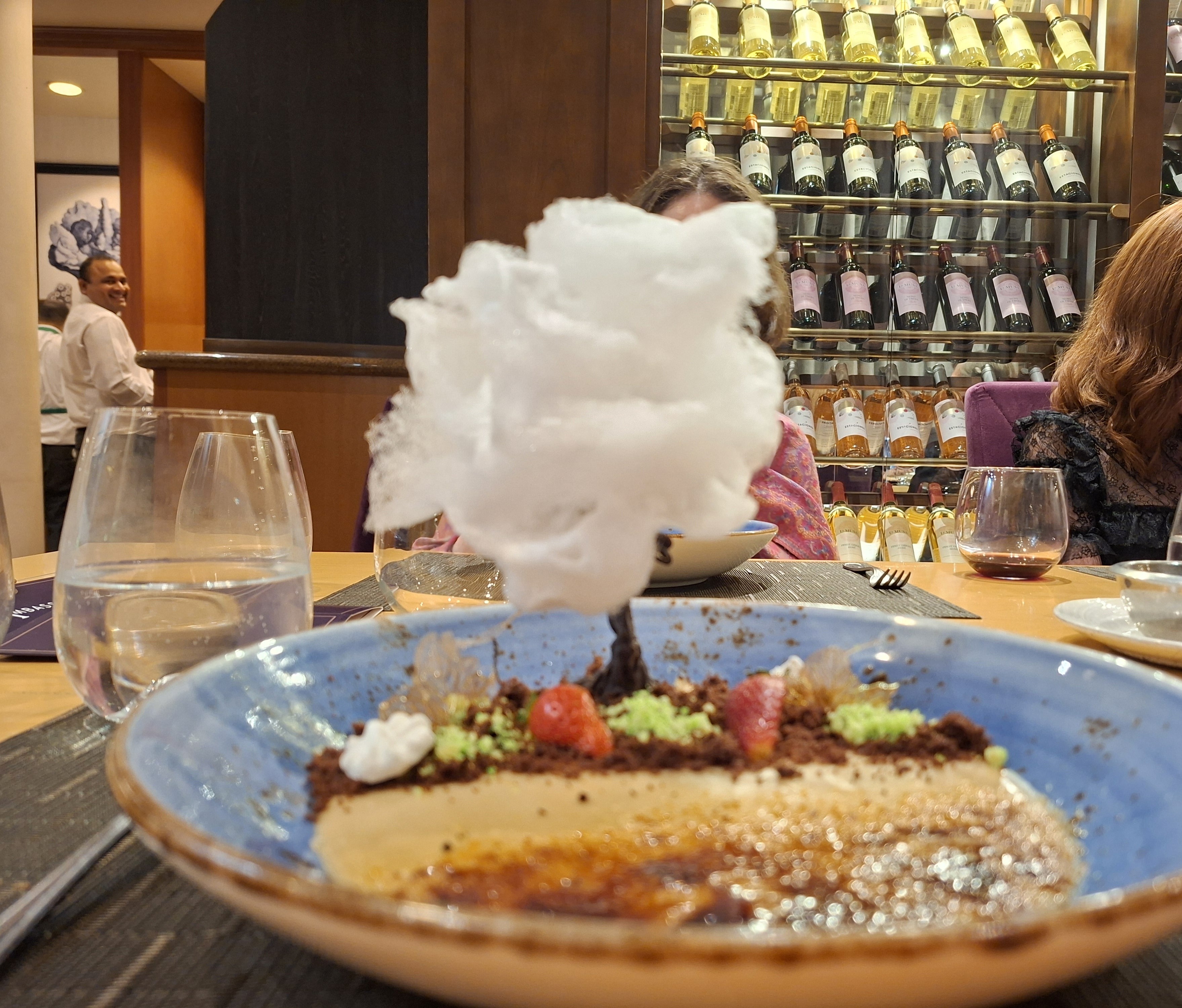 The candyfloss tree had a chocolate trunk and decorated a bowl of creme brulee (Amy Crowther/PA)
