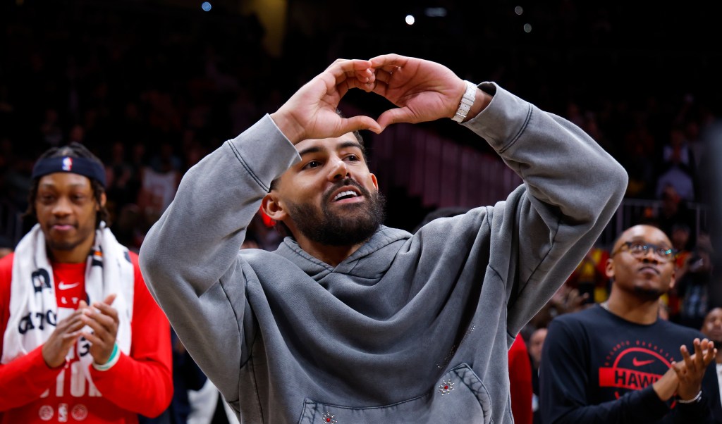 Trae Young reacts during Wizards vs Hawks game in Atlanta
