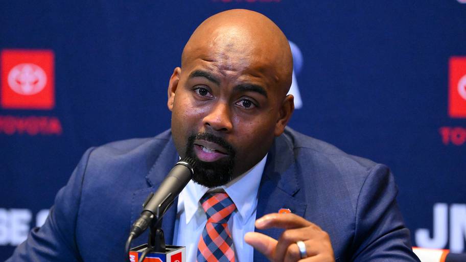 Syracuse Orange head coach Fran Brown speaks during a press conference at the John A. Lally Athletics Complex.