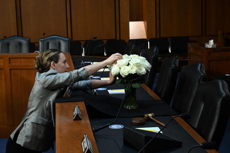 An arrangement of white roses is placed before the seat reserved for the late Sen. Lindsey Graham (R-S.C.) before the start of a confirmation hearing for acting Attorney General Todd Blanche before the Senate Judiciary Committee in Washington on Wednesday, July 15, 2026. File/Kenny Holston/The New York Times