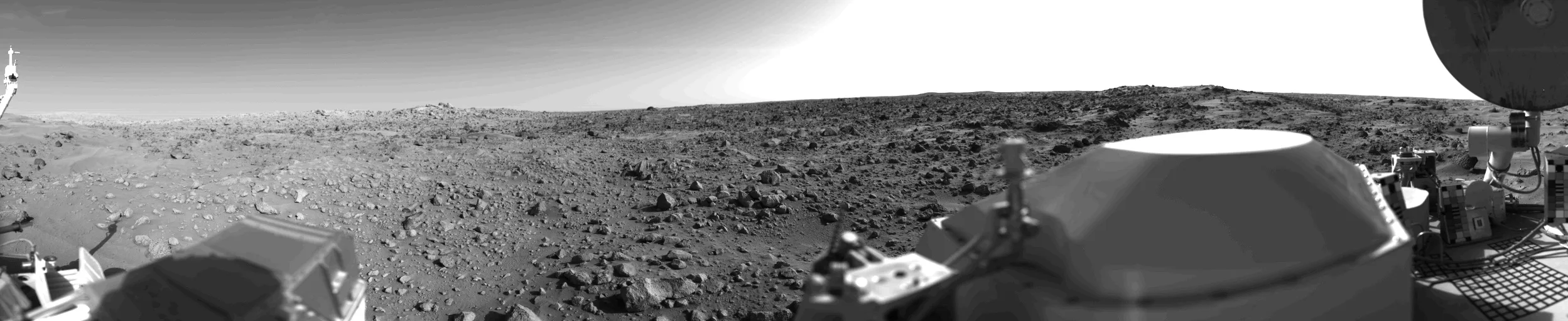 This is the first panoramic view ever returned from the surface of Mars. This view from Camera 2 on Viking 1 shows Chryse Planitia on 20 July 1976, shortly after Viking landed. (CREDIT: NASA)