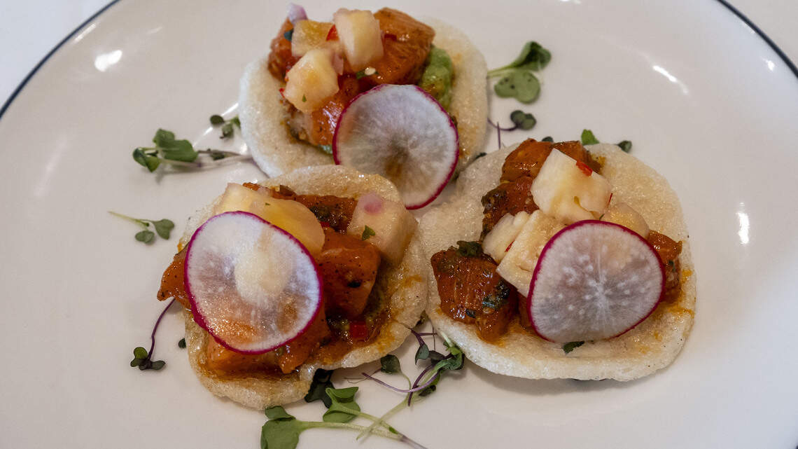 The V at the Vine has redone its menu, featuring a tapas-style, small plate concept including Al Pastor Carrot Tacos ($12). The tortillas are filled with pineapple, cream, corn cilantro, carrots and jalapeño.
