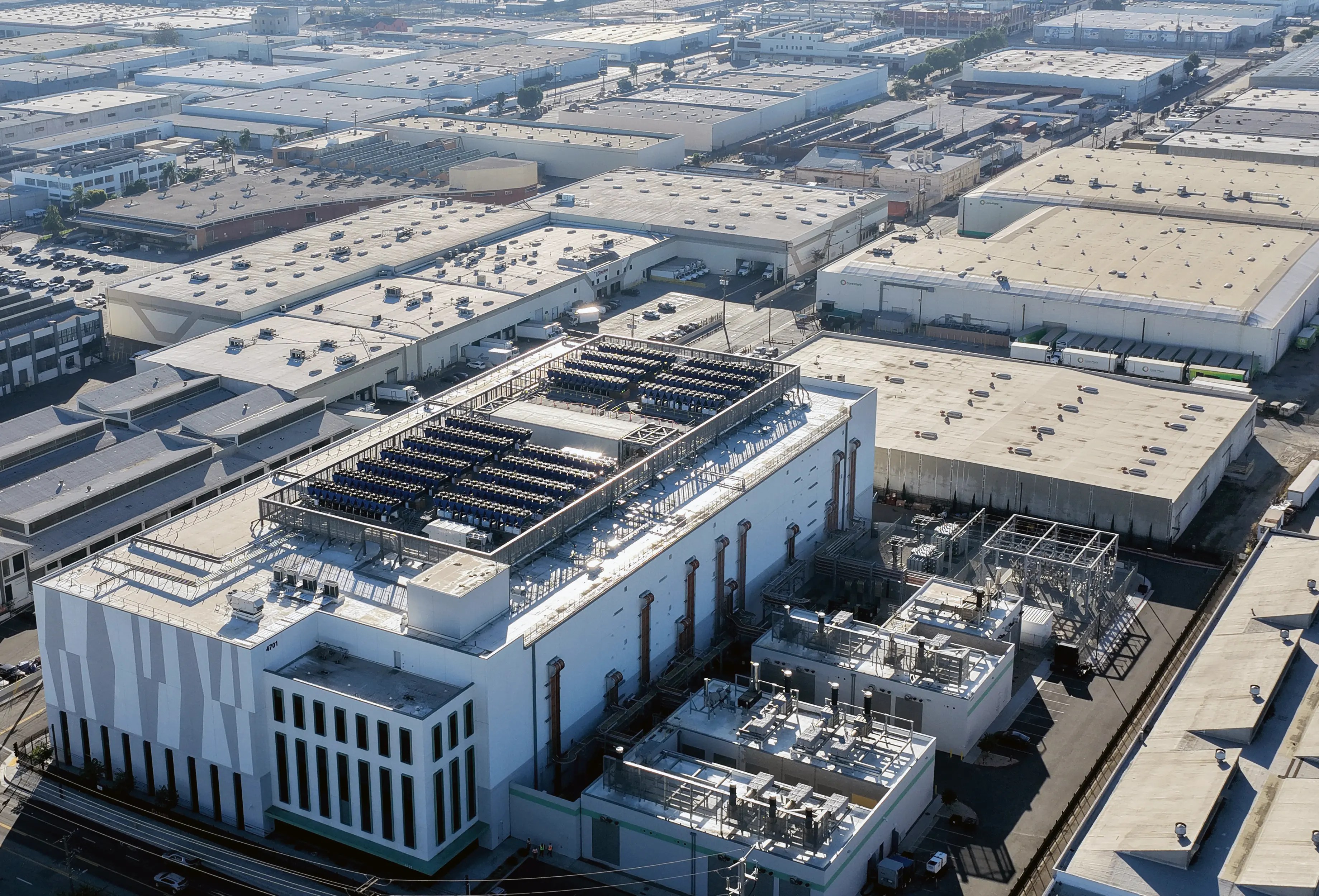 An aerial view of a 33-megawatt data center with a closed-loop cooling system in Vernon, California, on Oct. 20, 2025.