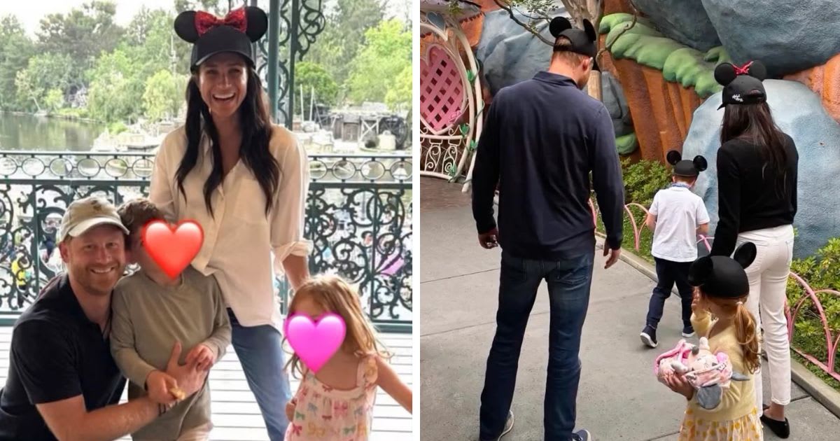 (L) Prince Harry and Meghan Markle pose with Archie and Lilibet in Disneyland; (R) Prince Harry, Meghan Markle, Prince Archie, and Princess Lilibet wearing Mickey Mouse hats. Cover Image Source: (L&R) Instagram| @meghan