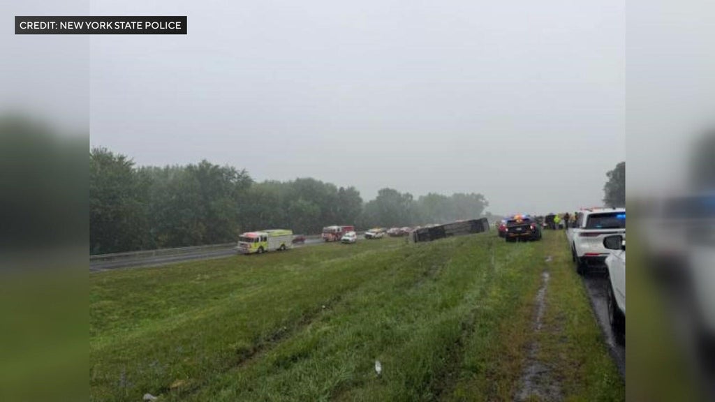 6 injured after passenger bus rolls over on New York State Thruway in Ulster County, police say