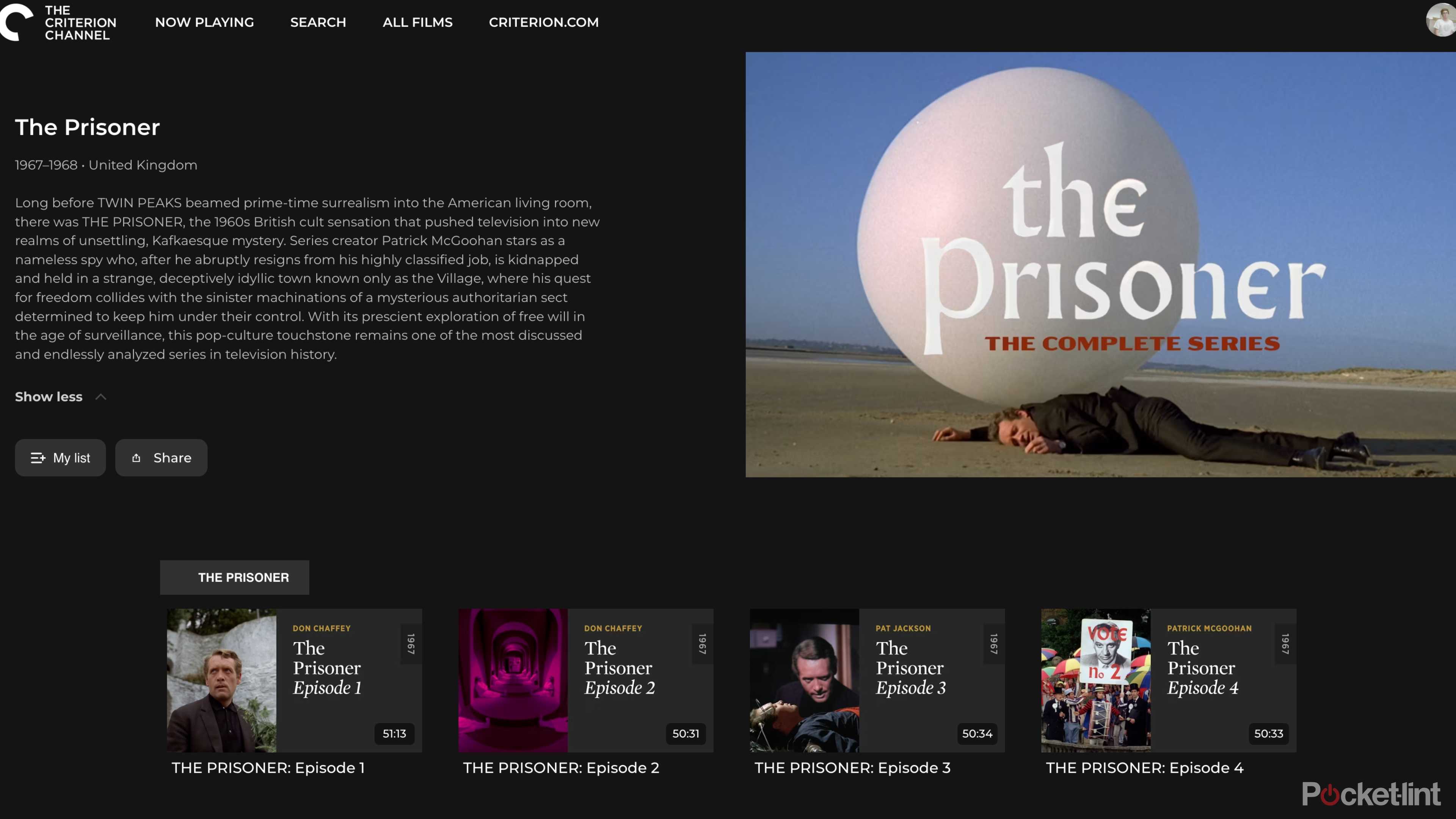 A screenshot of The Prisoner page on The Criterion Channel website.