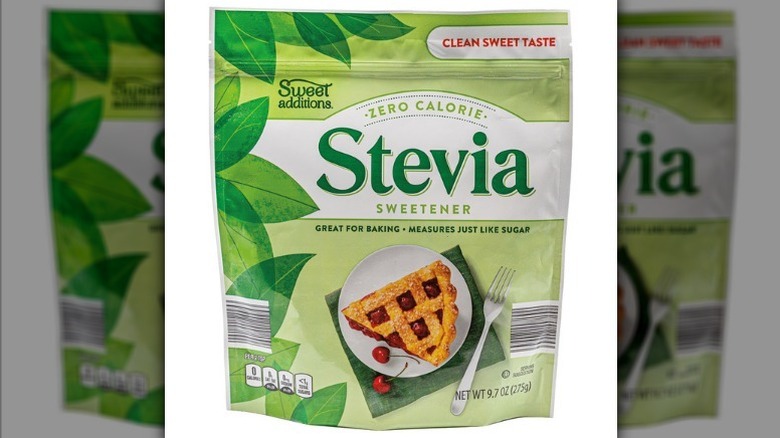 Sweet Additions stevia in a green bag with a cherry pie on the label on white background