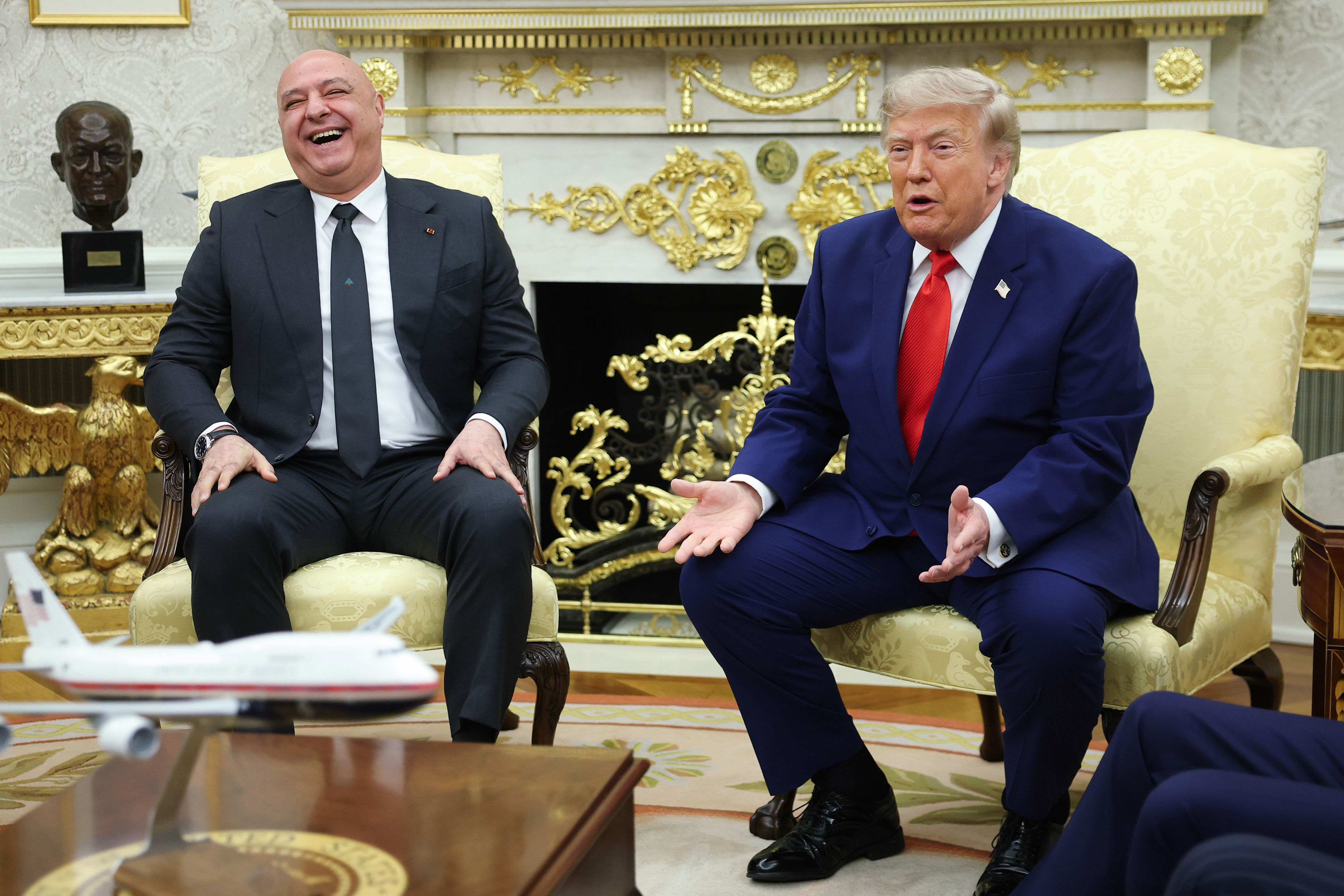 U.S. President Donald Trump speaks as President of Lebanon Joseph Aoun reacts during a bilateral meeting in the Oval Office of the White House on July 21, 2026 in Washington, DC. Aoun is visiting the...