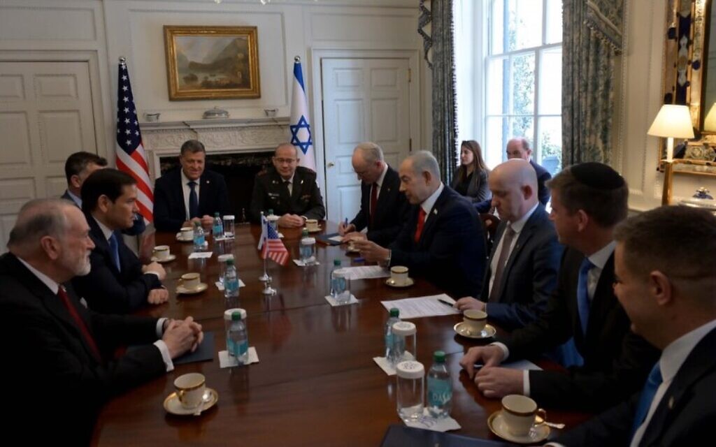Prime Minister Benjamin Netanyahu meets at Blair House in Washington with US Secretary of State Marco Rubio and their delegations, February 11, 2026. (Avi Ohayon / GPO)
