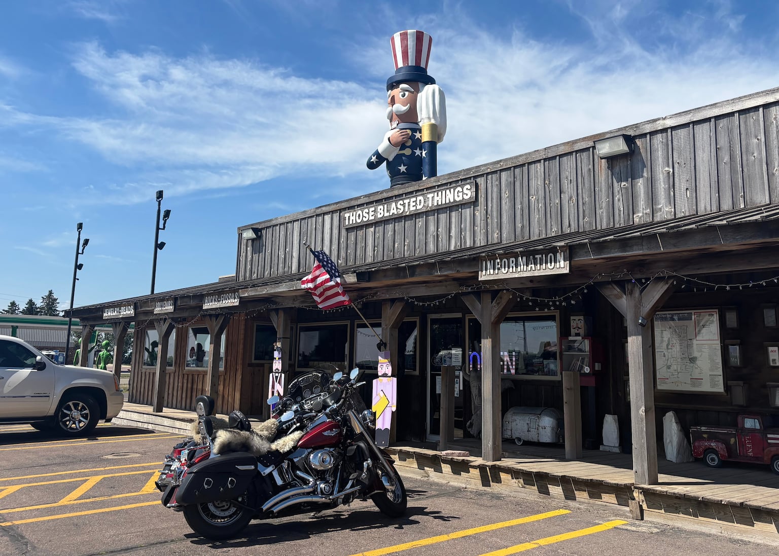 Verne the Patriot rises behind the shop Those Blasted Things in Luverne, Minnesota (Sarah Raza/AP)