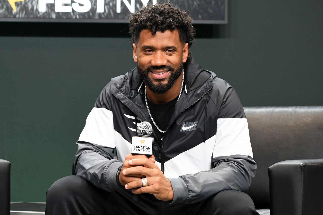 Russell Wilson speaks onstage during Fanatics Fest NYC 2026 at Jacob Javits Center on July 17, 2026 in New York City