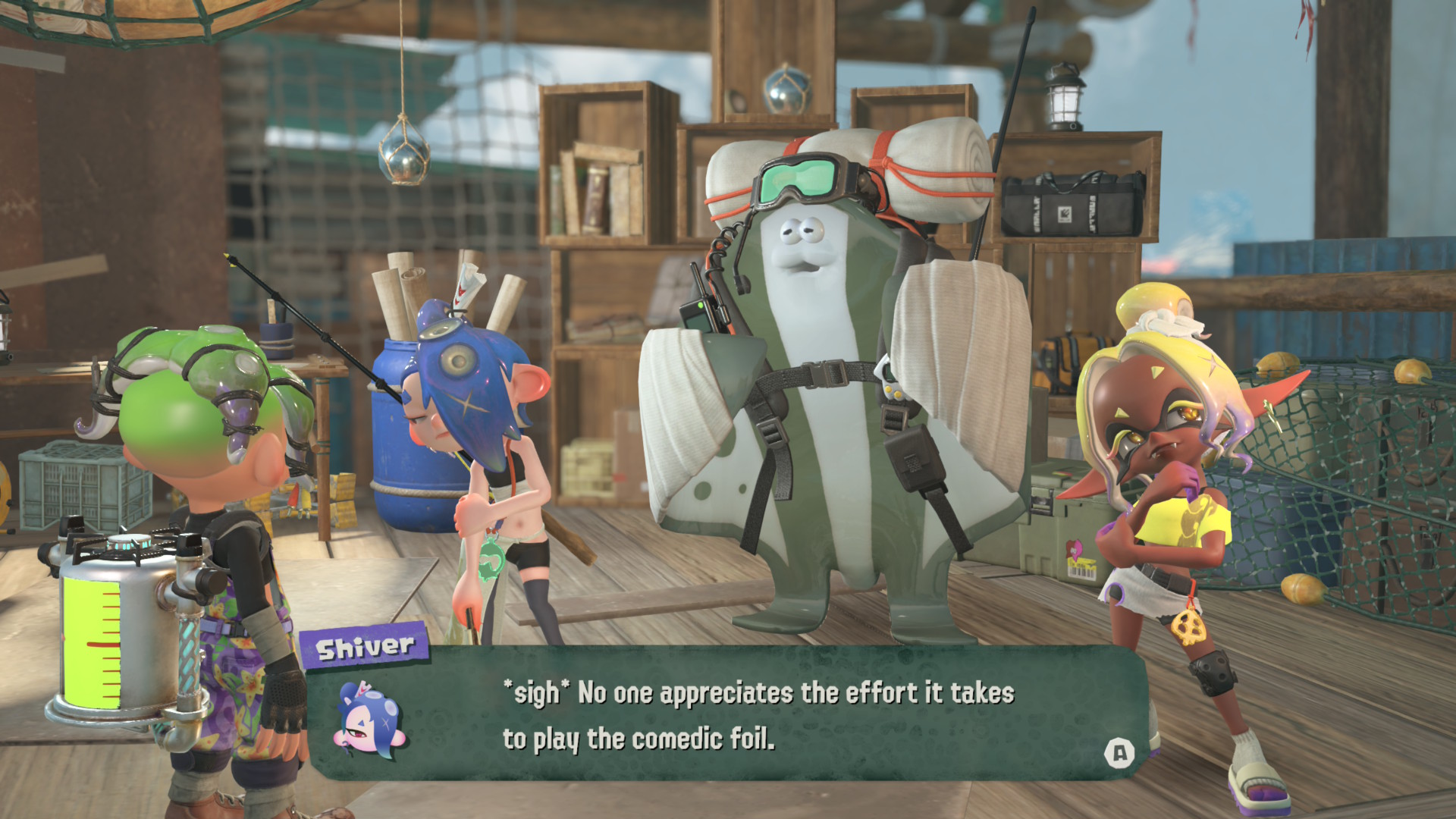 Talking with the band back at the Splatoon Raiders hideout, as Shiver sighs that nobody understands what it takes to be a comedic foil