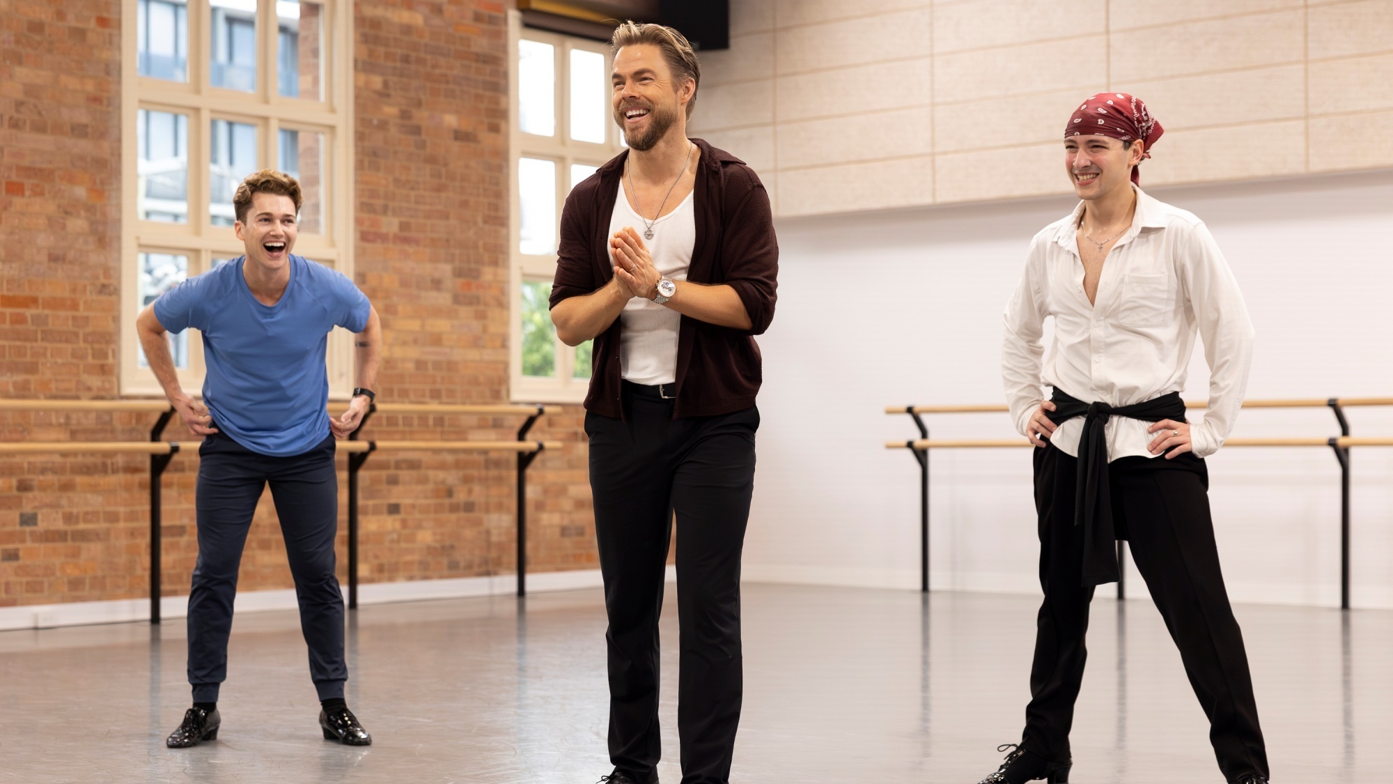 Dancing with the Stars: The Next Pro guest judge Derek Hough in rehearsals with two of the pro contestants.