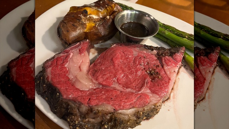 A medium rare prime rib dinner from Outback Steakhouse