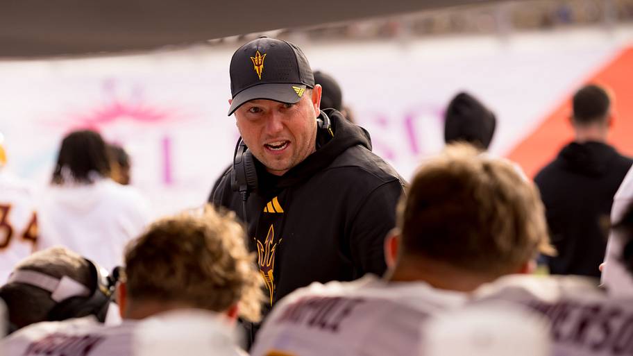 Arizona State head football coach Kenny Dillingham talks to his team.