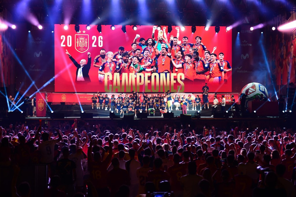 Players of Spain attend the celebrations after winning the 2026 FIFA World Cup in Madrid, Spain, on July 20, 2026. (Photo by Gustavo Valiente/Xinhua via Getty Images)
