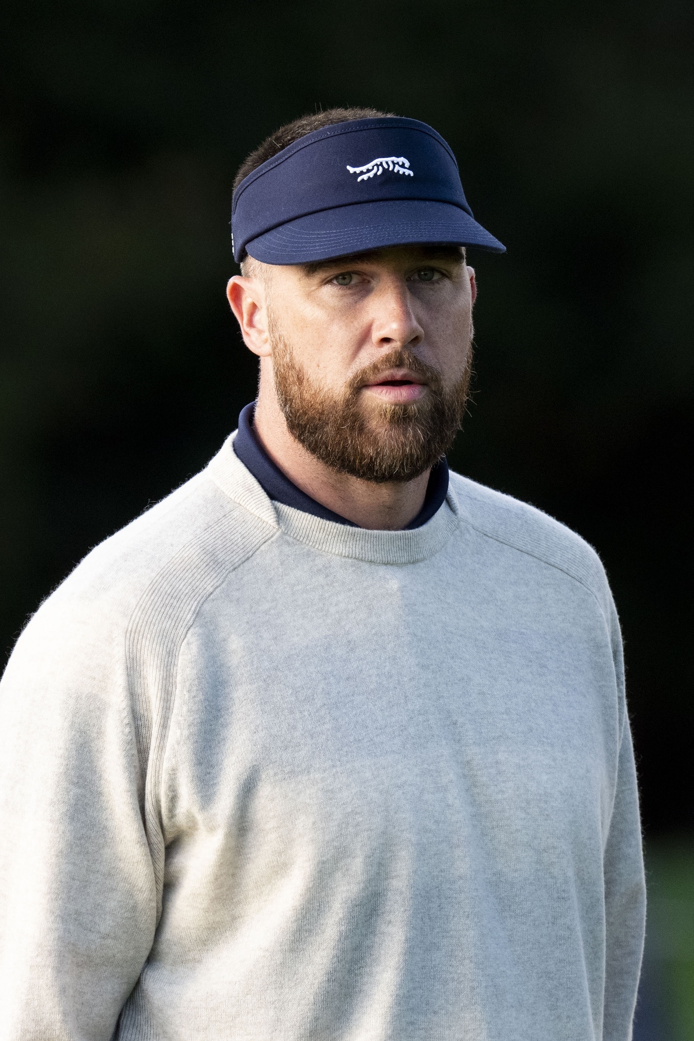 February 13, 2026; Pebble Beach, California, USA; Kansas City Chiefs tight end Travis Kelce on the first hole during the second round of the AT&T Pebble Beach Pro-Am golf tournament at Pebble Beach Golf Links. Mandatory Credit: Kyle Terada-Imagn Images