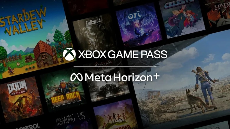 Graphic showing the Xbox Game Pass and Meta Horizon+ logos superimposed over key art for several video games.