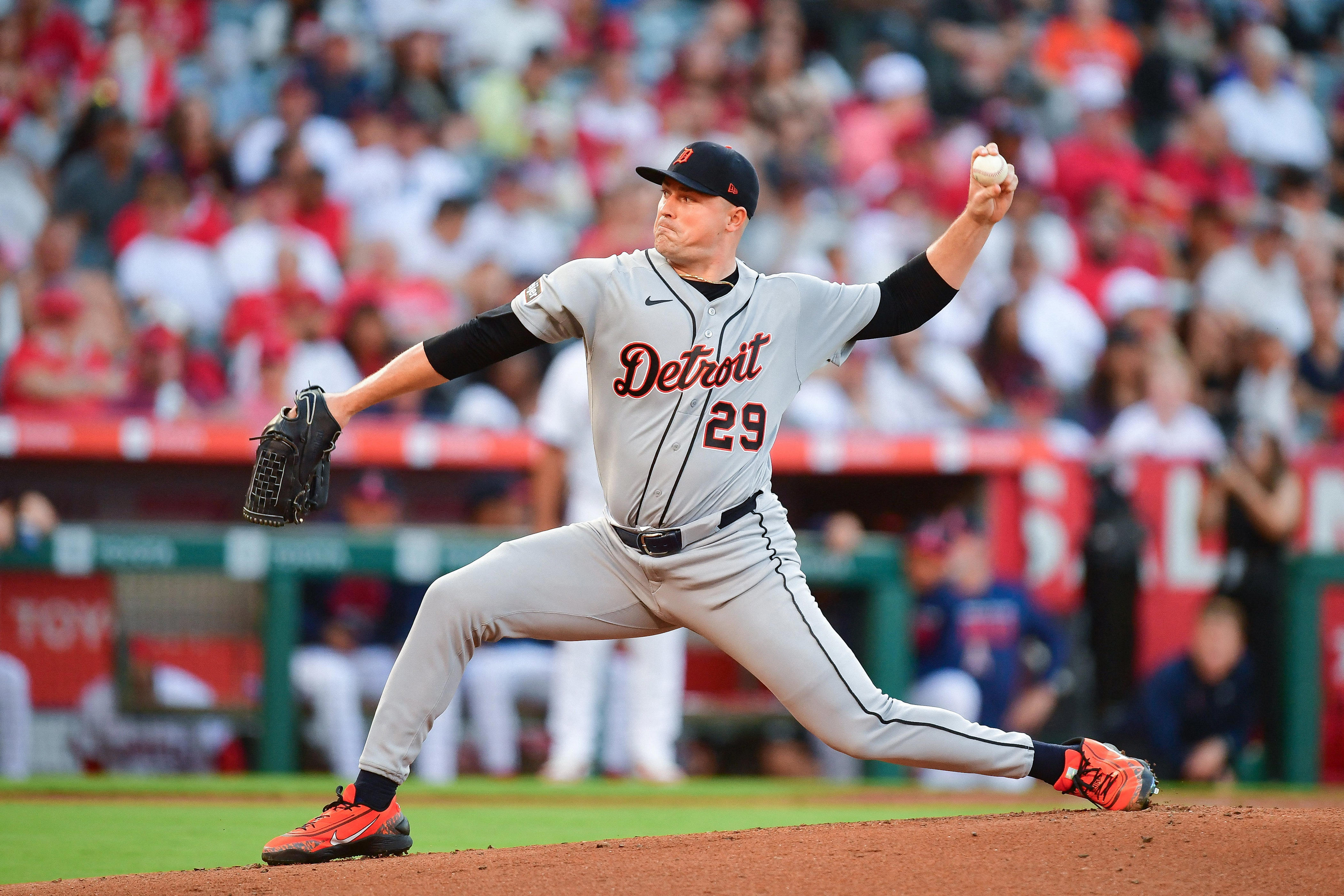 Jul 18, 2026; Anaheim, California, USA; Detroit Tigers pitcher Tarik Skubal (29) throws against the Los Angeles Angels during the first inning at Angel Stadium. Mandatory Credit: Gary A. Vasquez-Imagn Images