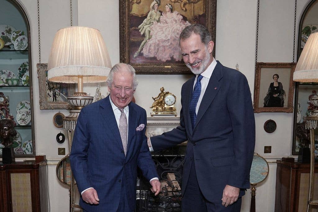 King Charles meets with Spain's King Felipe VI in the Morning Room during an audience at Clarence House in 2022