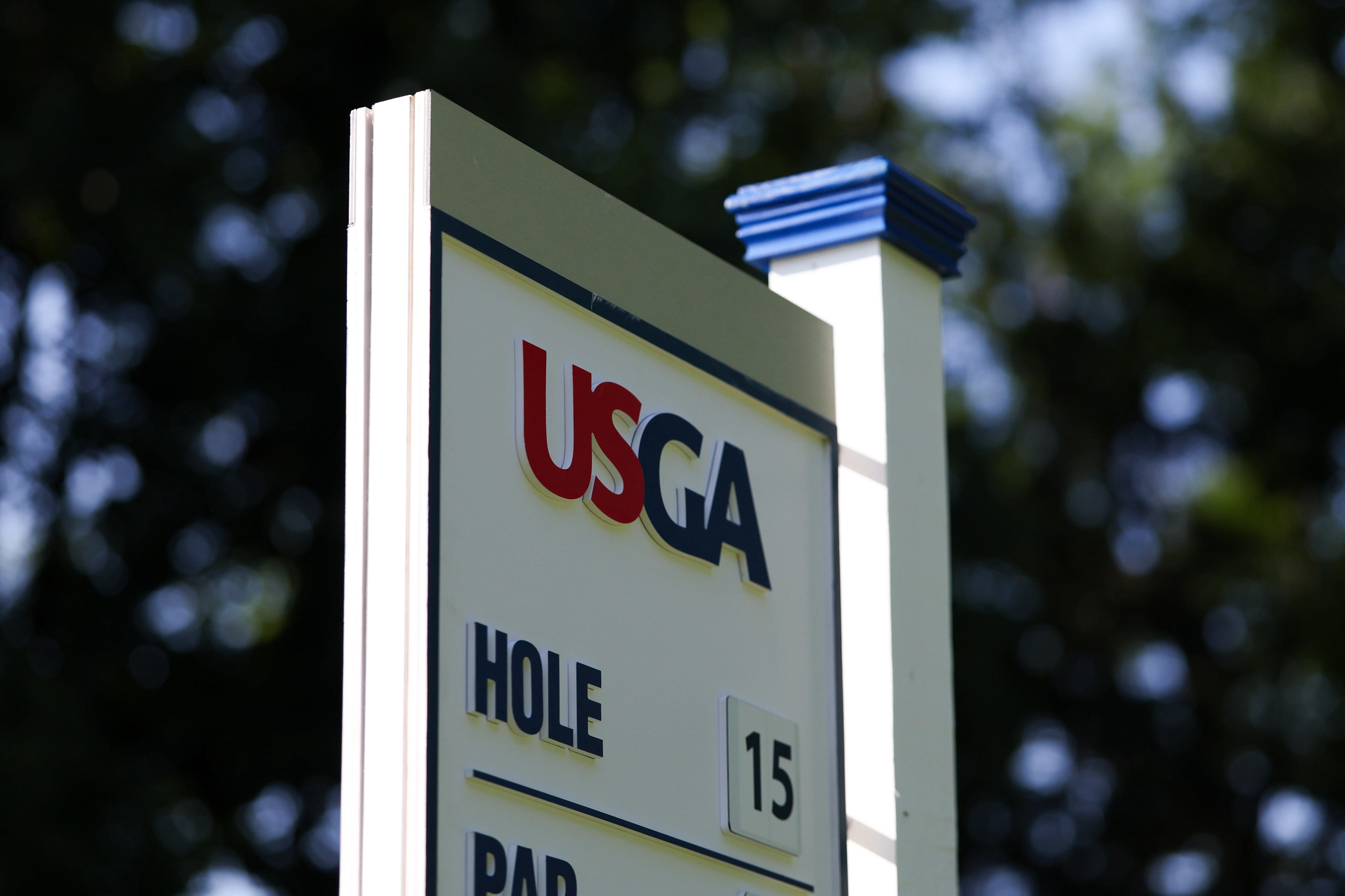 A detail view of signage on the 15th hole during the first round of stroke play of the 2026 U.S. Junior Amateur at Saucon Valley C.C. (Old Course) in Bethlehem, Pa. on Monday, July 20, 2026.