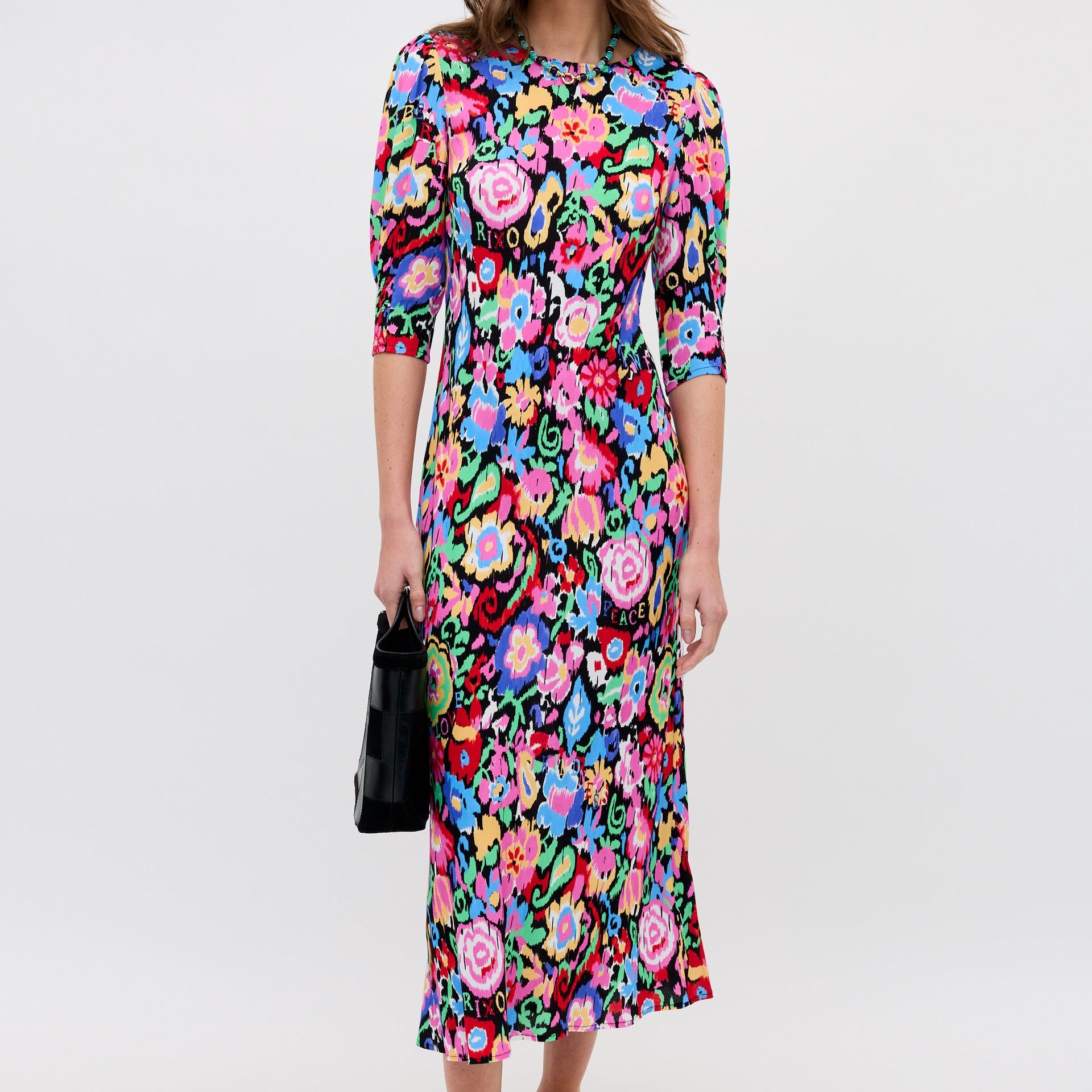Jess Crepe Midi Dress in Multi Ikat Bloom Charcoal
