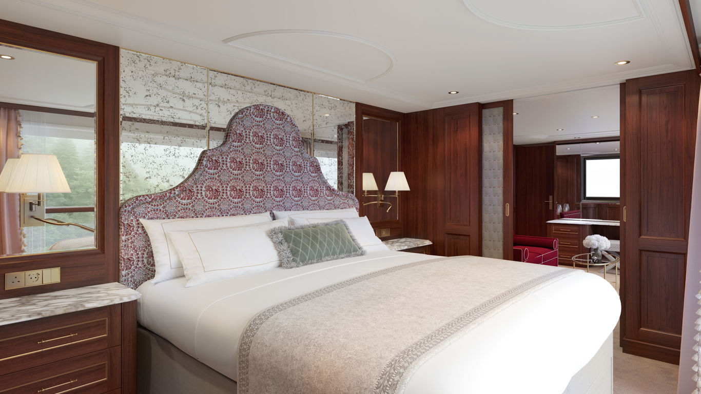 A rendering of a Grand Suite bedroom aboard S.S. Clara