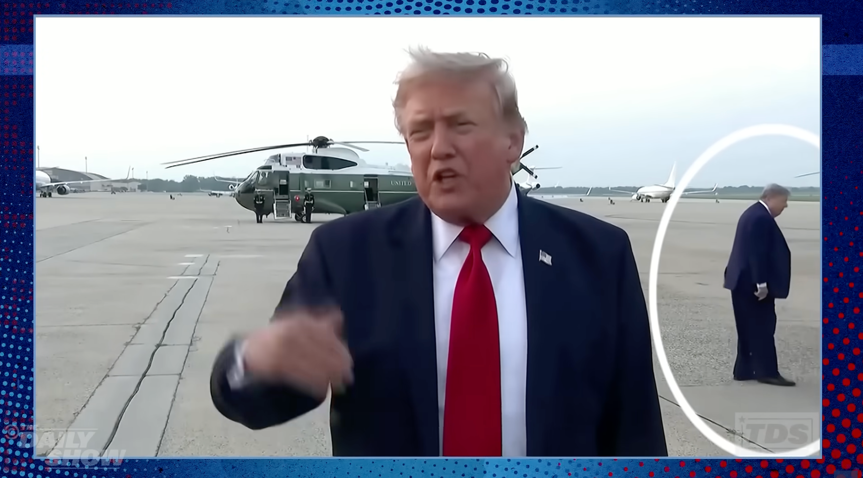 The man bore a resemblance to the president: similar build, similar age, and clad, like Trump, in a navy suit (The Daily Show)