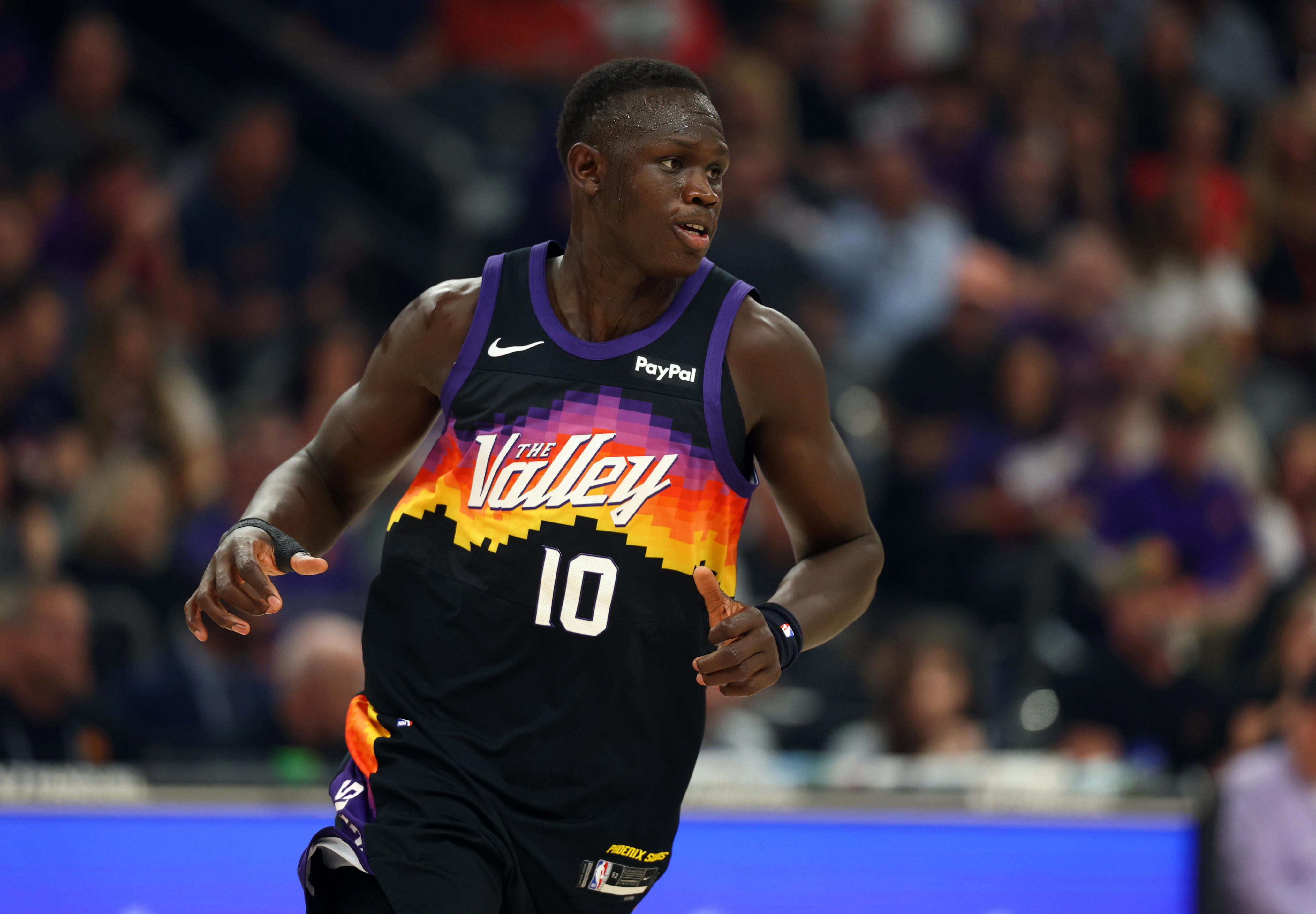 Apr 8, 2026; Phoenix, Arizona, USA; Phoenix Suns center Khaman Maluach (10) against the Dallas Mavericks at Mortgage Matchup Center. Mandatory Credit: Mark J. Rebilas-Imagn Images