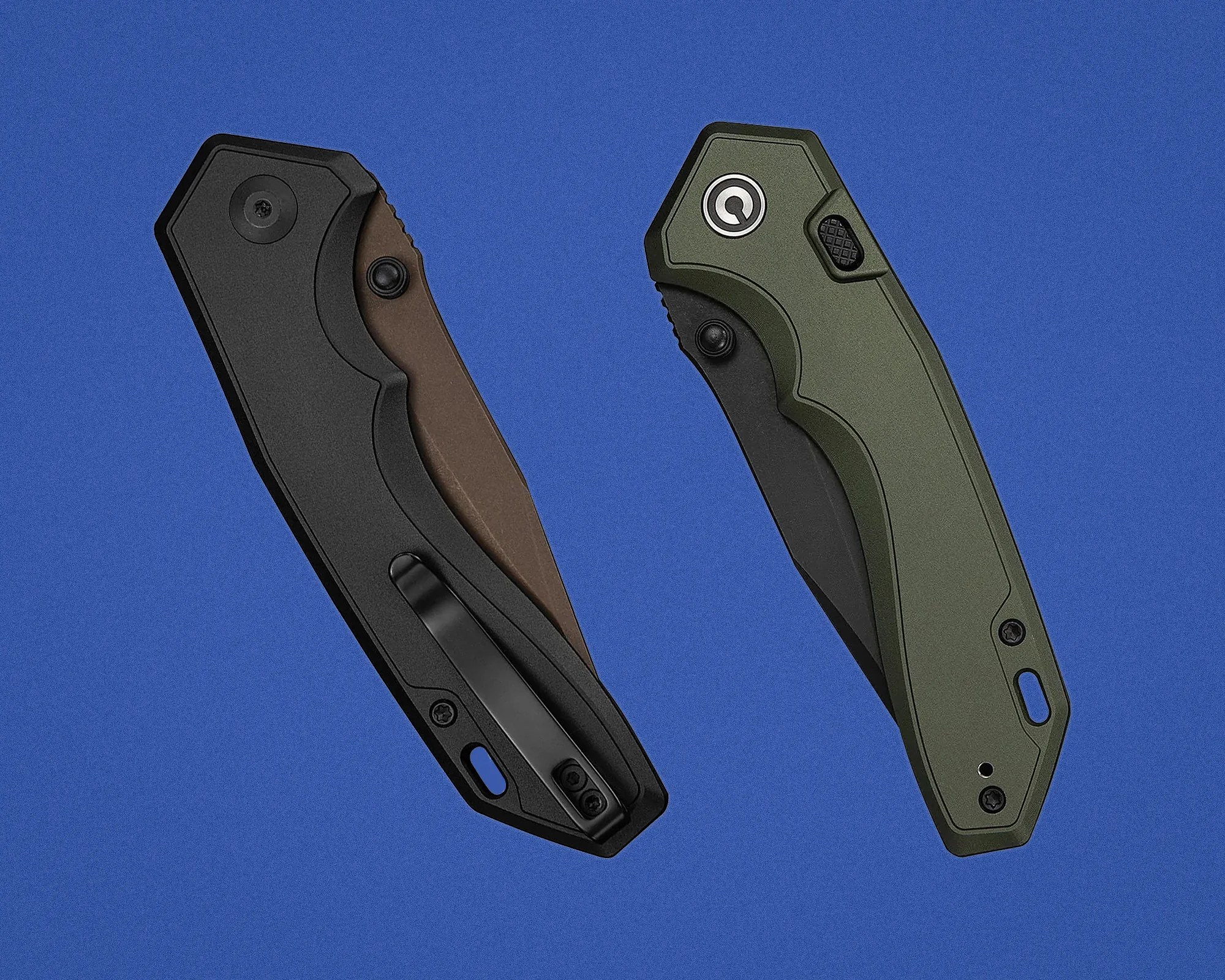 Two closed folding knives with textured handles, one black and brown and the other olive green and black, on a blue background.