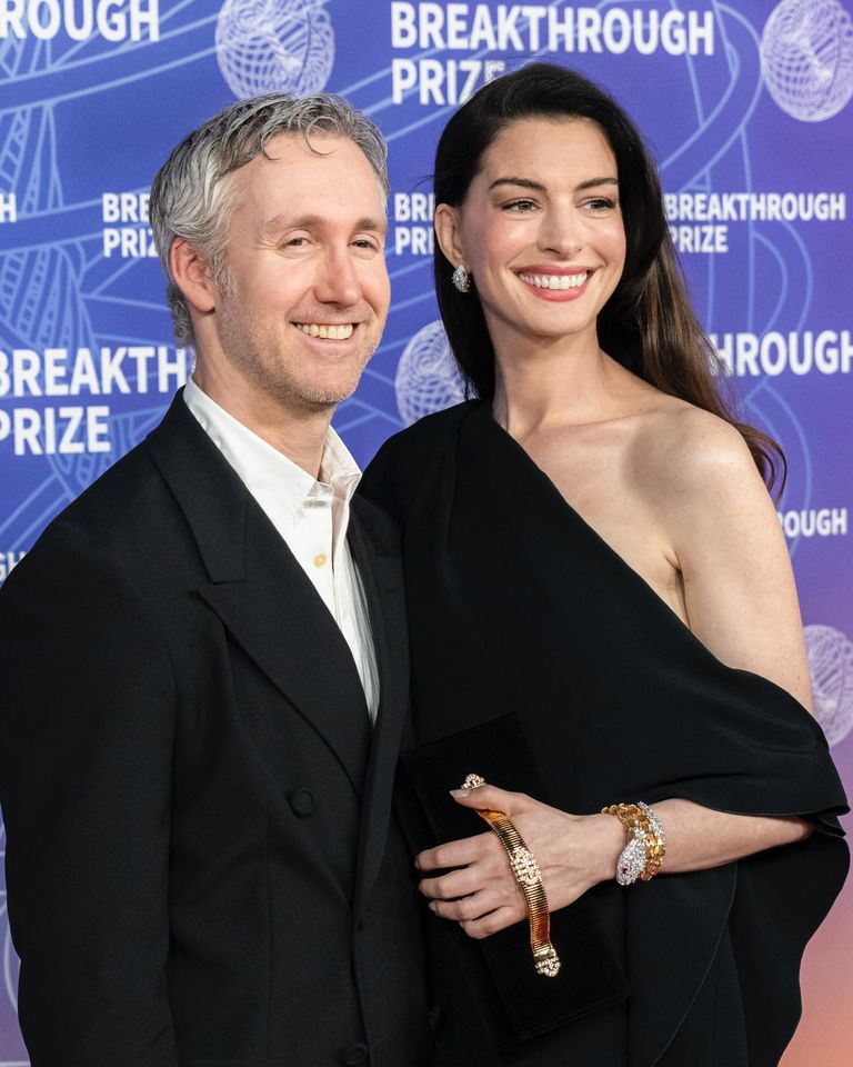 Adam Shulman and Anne Hathaway attends the 12th Breakthrough Prize Ceremony at Barker Hangar on April 18, 2026 in Santa Monica, California.