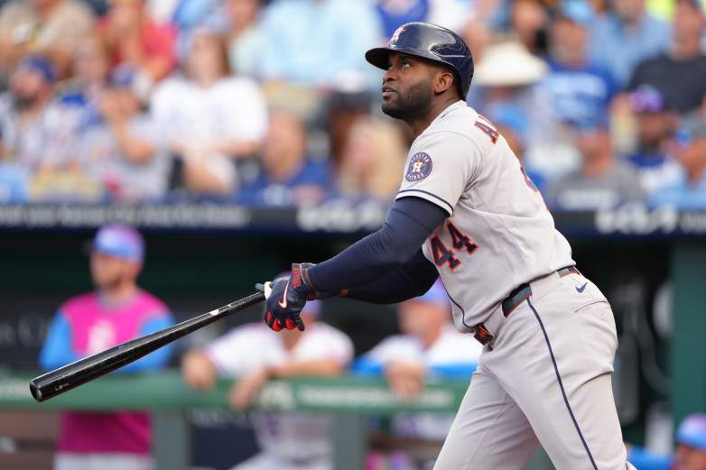KANSAS CITY, MISSOURI – JUNE 12: Yordan Alvarez #44 of the Houston Astros hits a two-run home run in the first inning against the Kansas City Royals [https://heavy.com/sports/mlb/kansas-city-royals/] at Kauffman Stadium on June 12, 2026 in Kansas City, Missouri. (Photo by Ed Zurga/Getty Images)