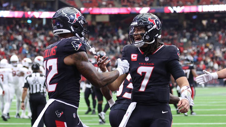 Dec 14, 2025; Houston, Texas, USA; Houston Texans wide receiver Nico Collins (12) and quarterback C.J. Stroud (7) celebrate a