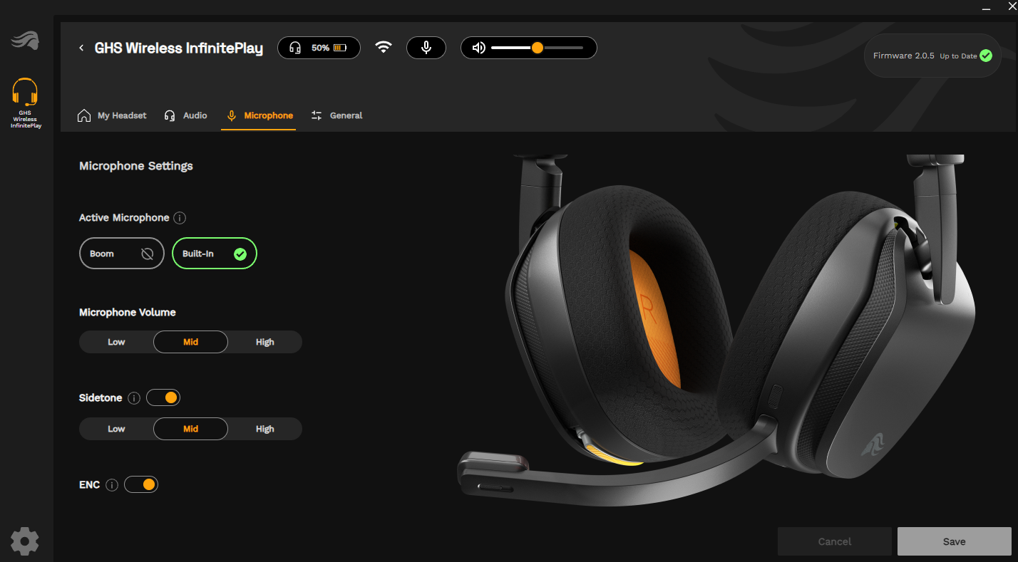 A screenshot of the Glorious Core software, showing the various settings available to finetune for the GHS Wireless InfinitePlay gaming headset specifically.