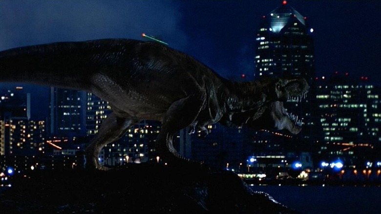 The T-rex roaring looking at the San Diego skyline in The Lost World: Jurassic Park