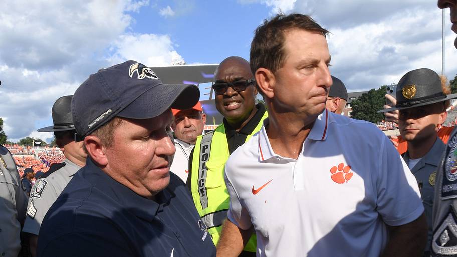 Charleston Southern head coach Gabe Giardina and Clemson head coach Dabo Swinney shake hands after the game in 2023.