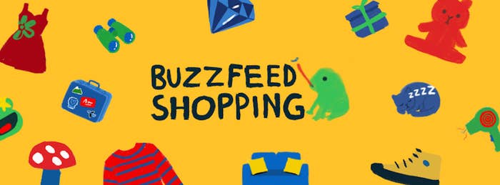 BuzzFeed Shopping banner with colorful illustrations of various items like clothes, gifts, and gadgets scattered around the text