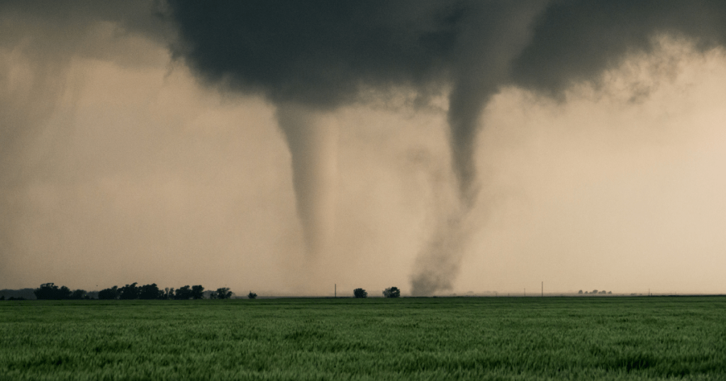 Powerful twin tornadoes touching down in rural Oklahoma.